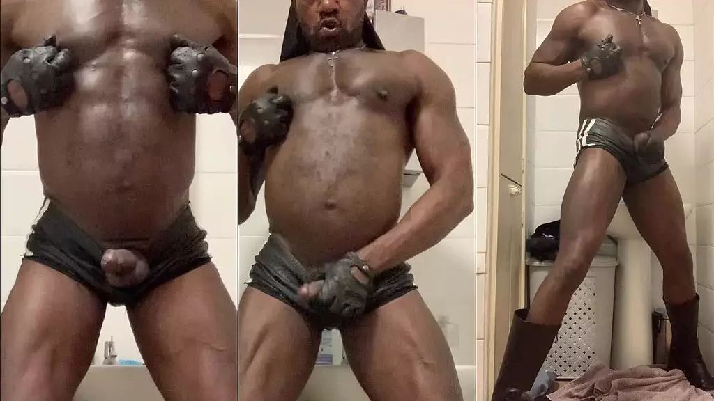 black muscletight leather shorts & high boots bbc wank & tits workout
