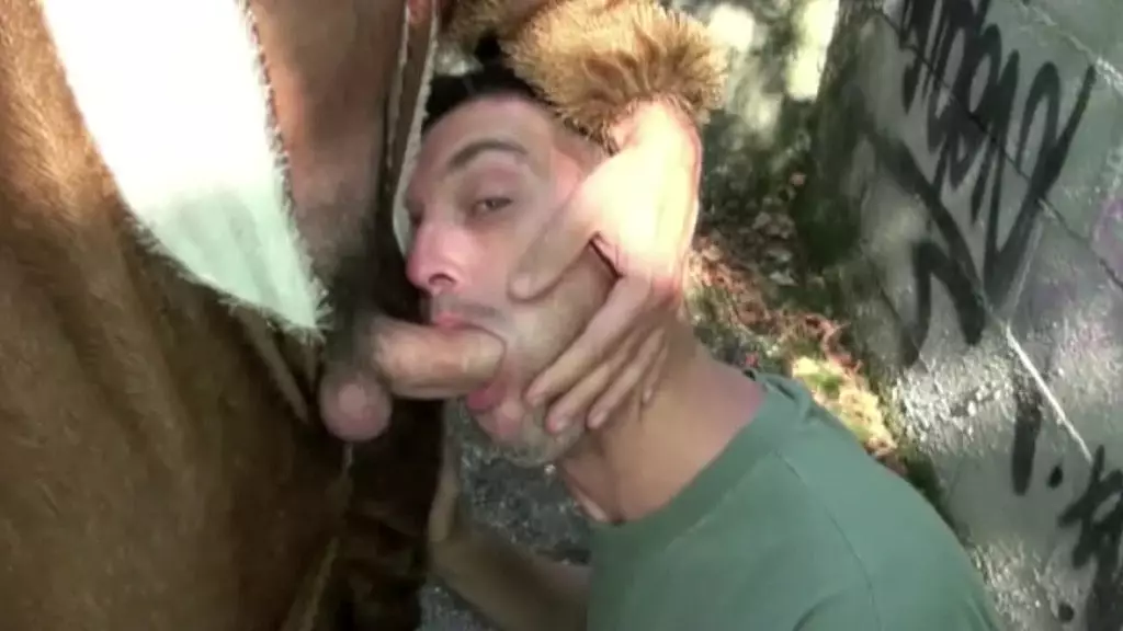 смешное порно с геем, который трахает своего друга, одетого в медведя, на улице