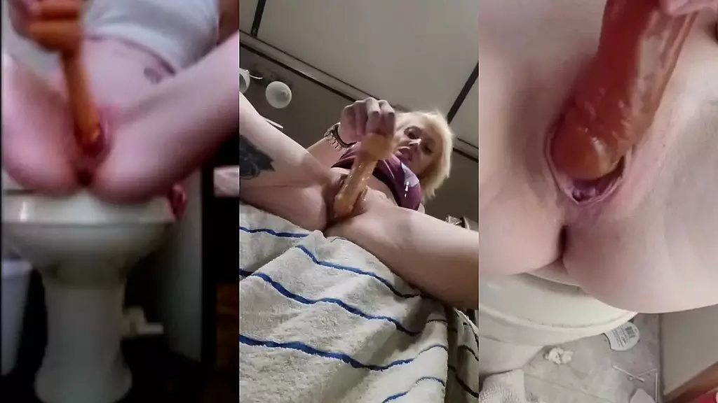 горячая блондинка заставляет свою кремовую киску струиться с помощью подборки больших дилдо