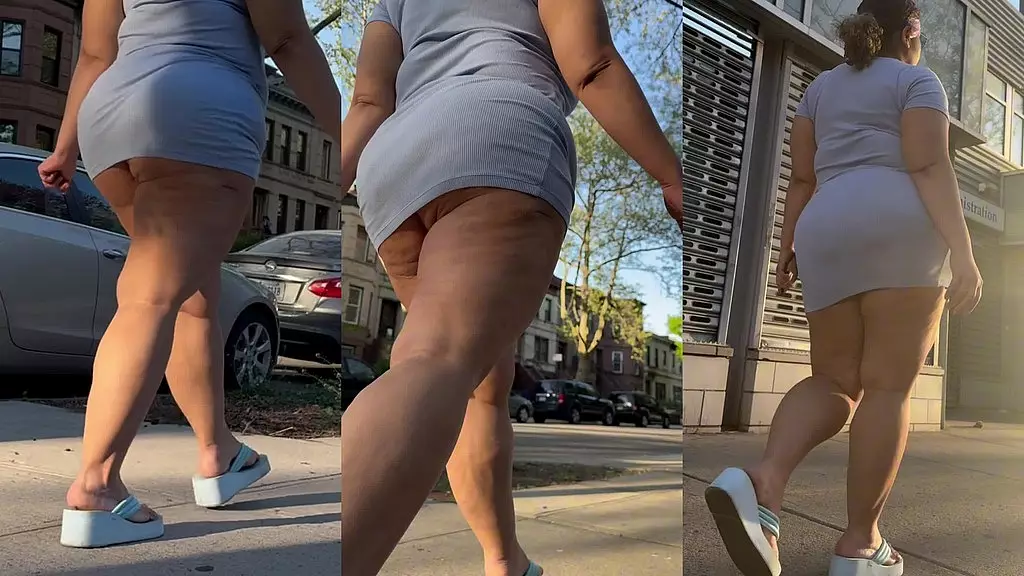 пуэрториканская борикийская мамочка с толстыми ногами и натуральной толстой задницей, большой попой, ходит с переключателем в замедленной съемке, одетая в мини-юбку и шлепанцы на танкетке с высоким каблуком