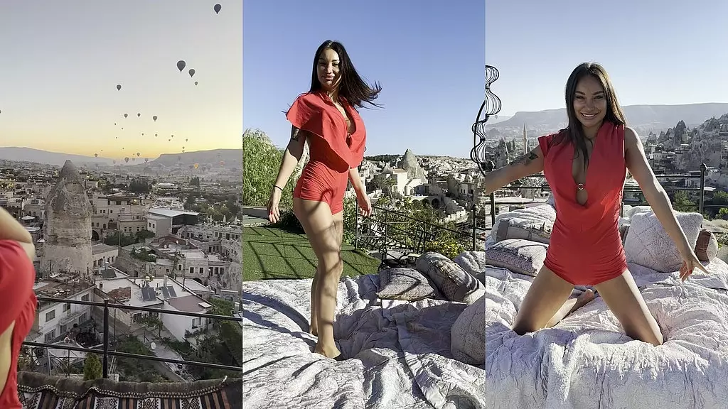 великолепная monika fox в красном костюме в горах!