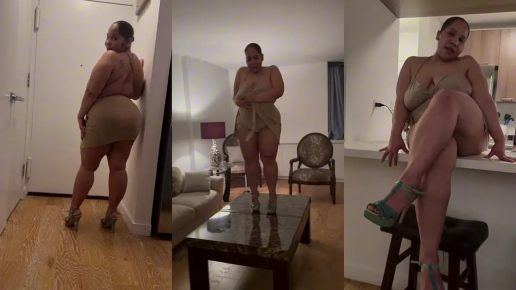 Пуэрториканская женщина из Борикуа исполняет эротический бурлеск-танец гого в обтягивающей короткой мини-юбке и на высоких каблуках, фемдом, госпожа, богиня, аудио грязных разговоров