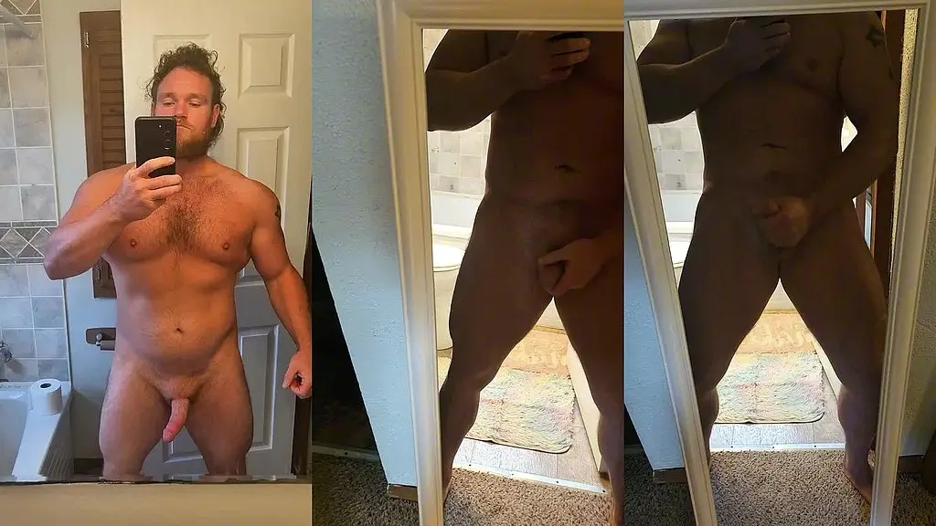 big dick bodybuilder flexes and blasts cum on the mirror, oops.