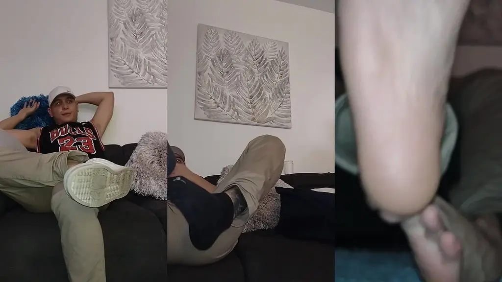 he shows his feet and stockings