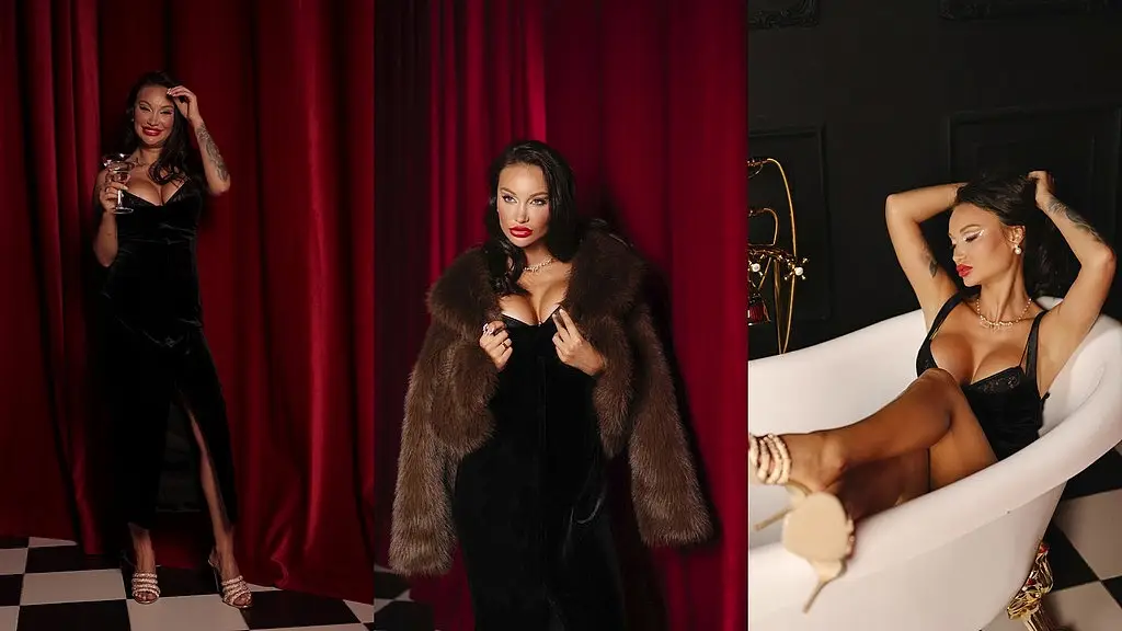 роскошная Моника Фокс позирует в шикарном черном платье в ванной!