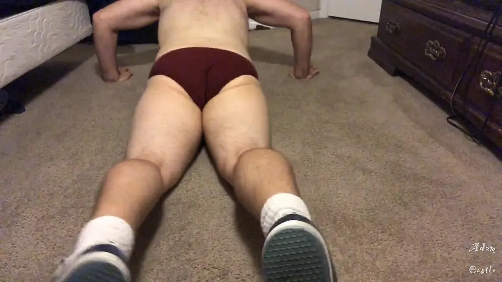hairy stud in thong does sit ups