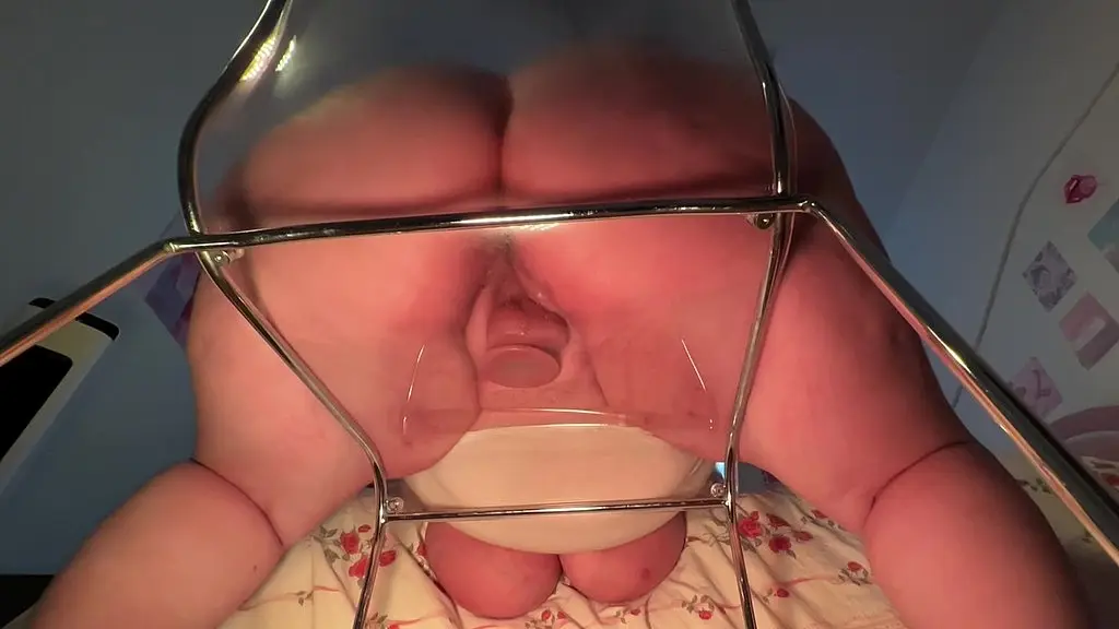 bbw hooters creamy pussy slut rides dildo on clear chair