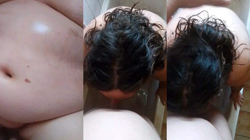 spicy bathroom session with ssbbw wife , sloppy blowjobs , rub cock on pussy doggy style & cum on delicious boobs