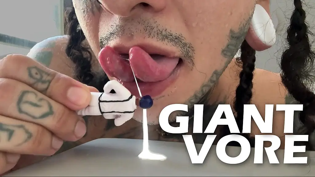 giant plays with tiny human, lets him smell it and devours him after spilling his milk on his face
