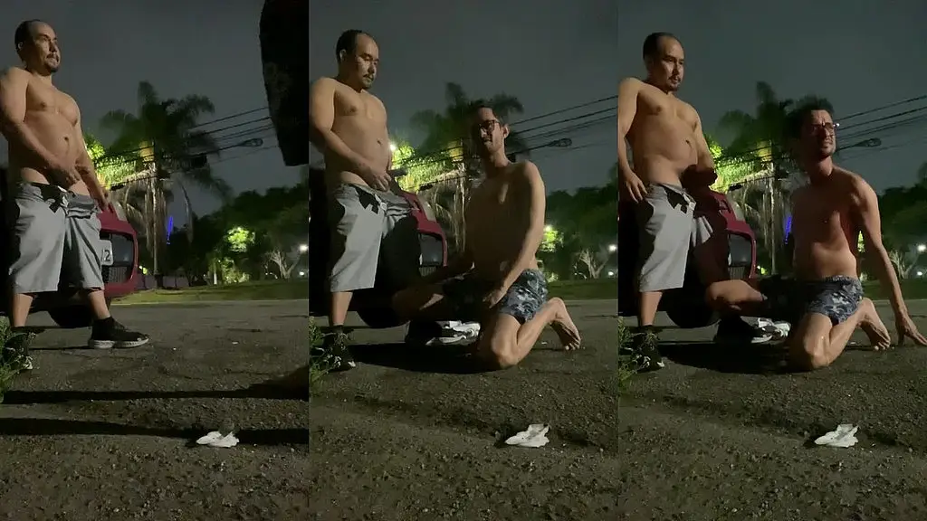 slim twink cums while buff short white guy pisses on him at the street