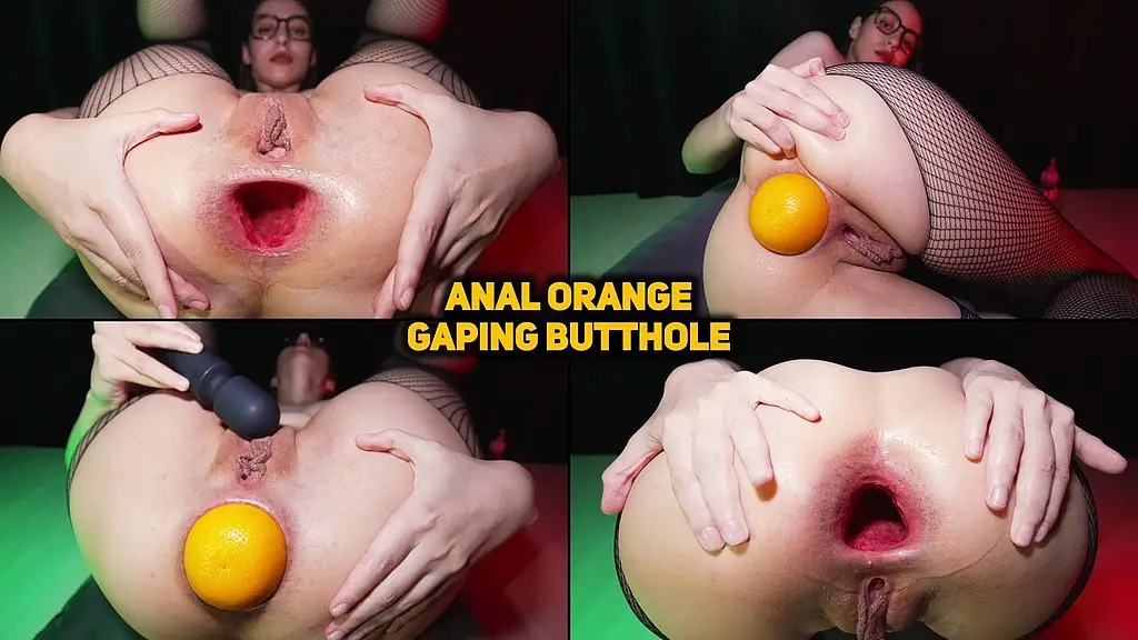anal orange gaping butthole brunette in fishnet tights used orange as an butt plug for hardcore anal masturbation, gapes and farts ils102