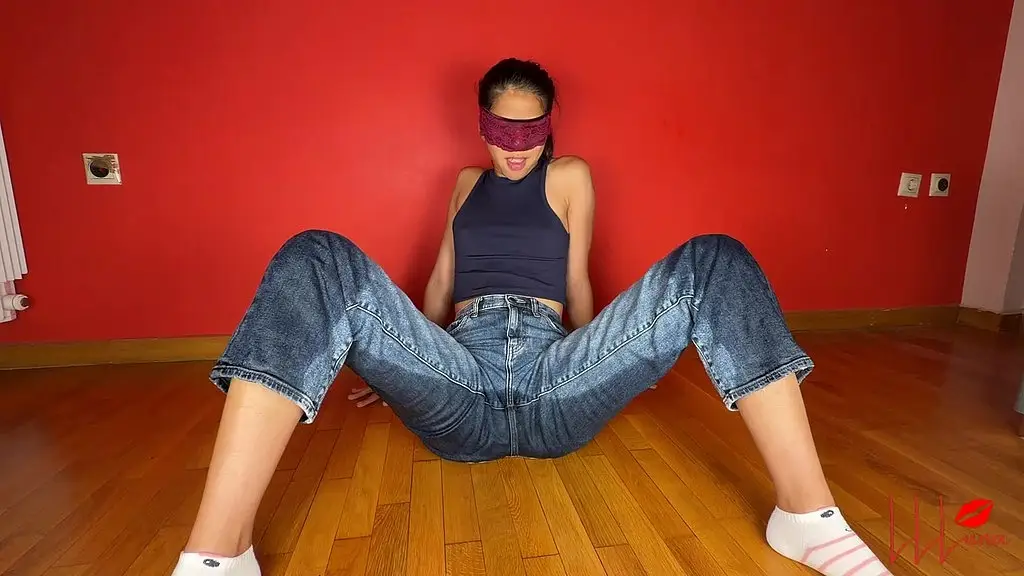 first jeans wetting tease by cute asian girl - luna wets the floor & crawls all over it – naughty amateur pee tease with a soaked tight ass - buy my video & make me do more hot pee play!