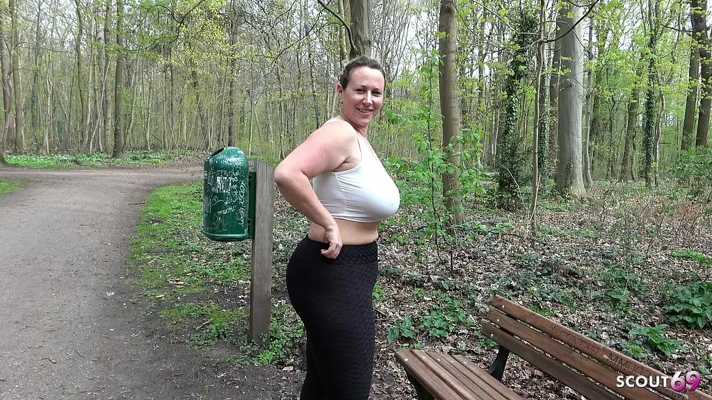 german curvy mature wife in leggings talk to public risky blowjob to stranger boy at jogging and swallow cum