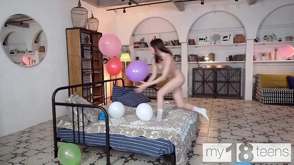 my18teens - a cute girl in white panties blows up balloons and plays with her pussy