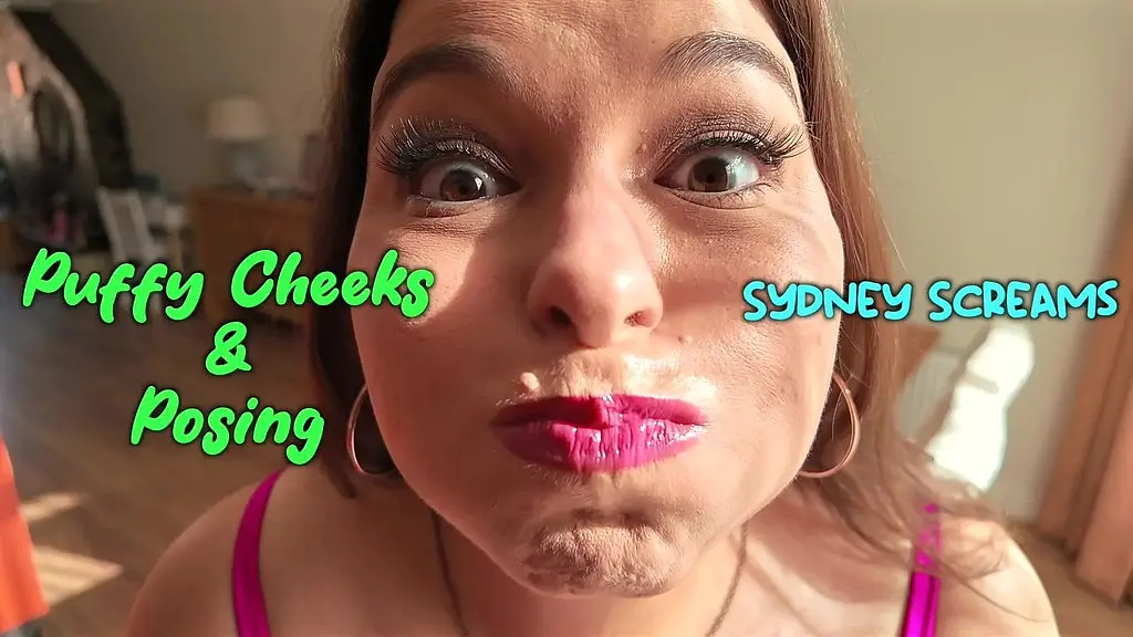 puffy cheeks & posing - see how big & puffy sydney screams cheeks become as she fills her mouth with air and poses in her sexy hot pink shiny dress - face fetish, puffy cheeks, nose pinching, modeling