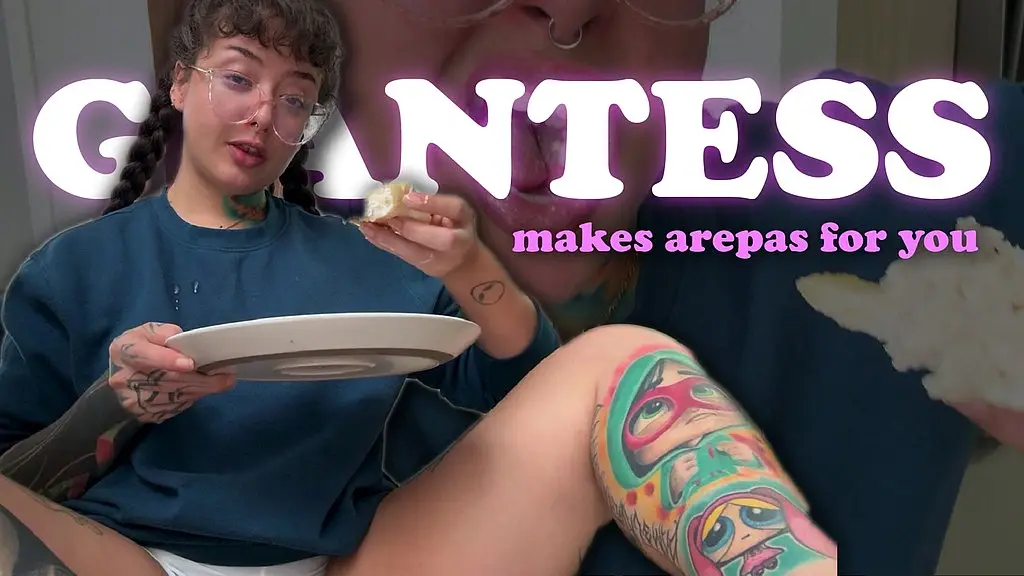 giantess makes arepas and eats them in front of her little friend