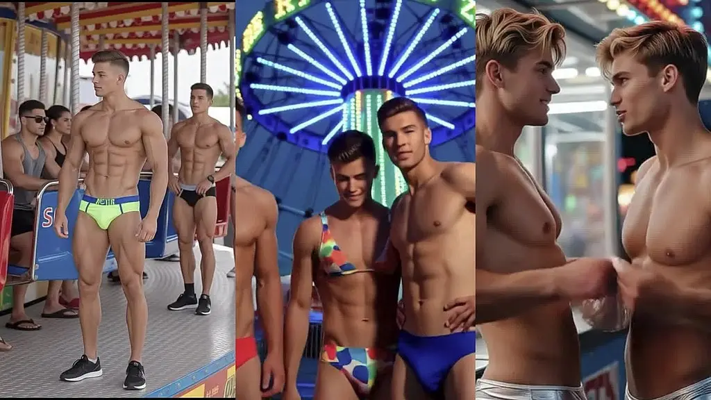 cross-dressing carnival day - exhibitionist guys in lingerie and panties enjoying the rides, the fair, and each other