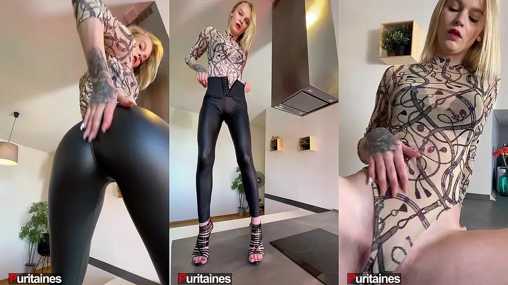 sophie van loo panique en cuisine : leggings gris, body string couture, talons aiguilles. elle met le feu sur le plan de travail.