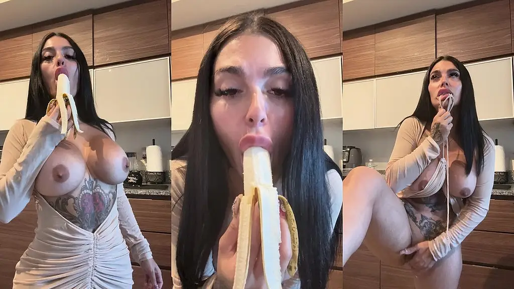 kitchen cumslut solo - banana deepthroat to dripping pussy play