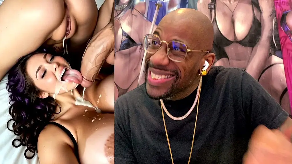 big breast cum slut getting cum dripped in her whore mouth from tight creampied bald pussy lips while the gooner cock is still leaking cum, ai generated