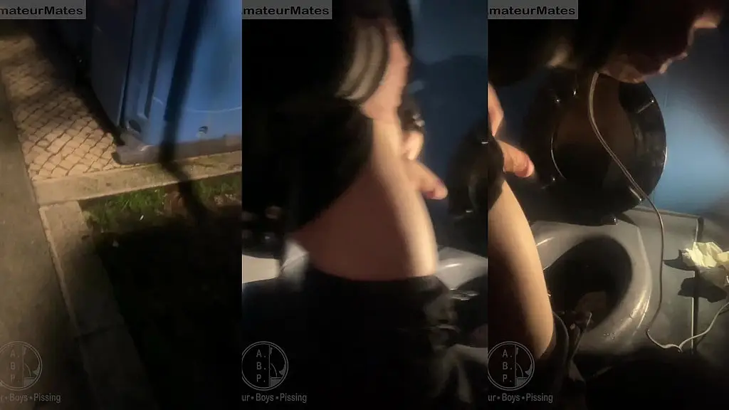 amateur boy opens street public toilets, catches his ginger friend peeing and lends him a helping hand