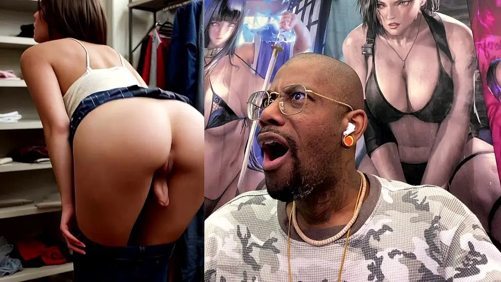 young tight teen with a small transgender girl cock is stuck trying to put on her skinny jeans, ai generated