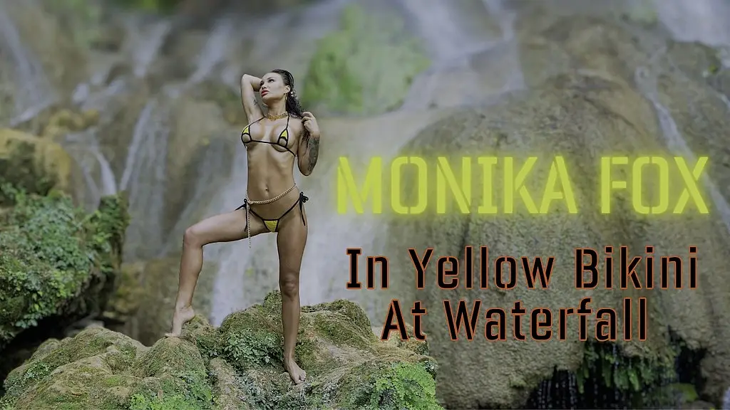 monika fox in yellow bikini at waterfall