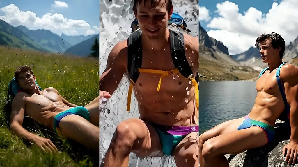 gay day on a mountain hike - ai generated scenes and memories from guys  climbing the trail and having fun along the way
