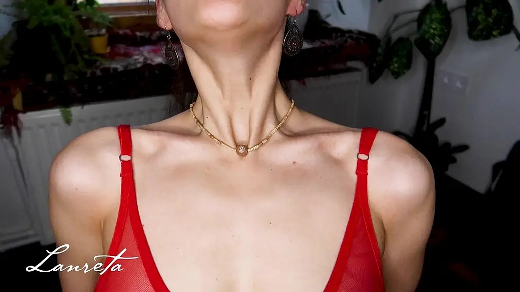 close up neck fetish, girl in a red bra teases your imagination