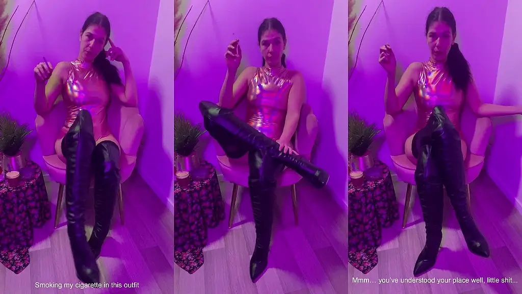 smoke humiliation – i smoke my cigarette while you lick my dirty thigh-high boots