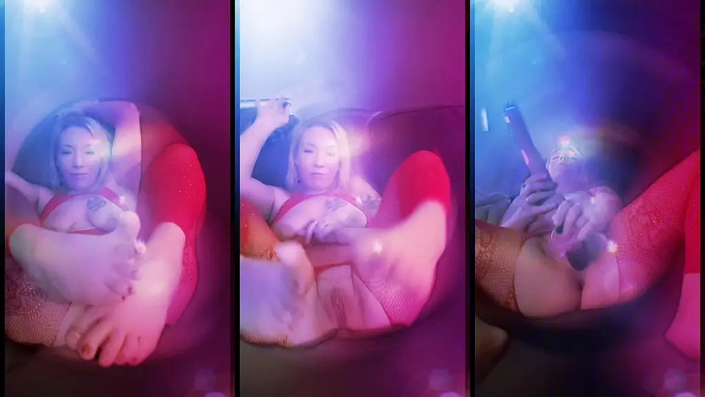 blonde bombshell milf: boobs out, feet up, tight little pussy stuffed full of big black cock dildo