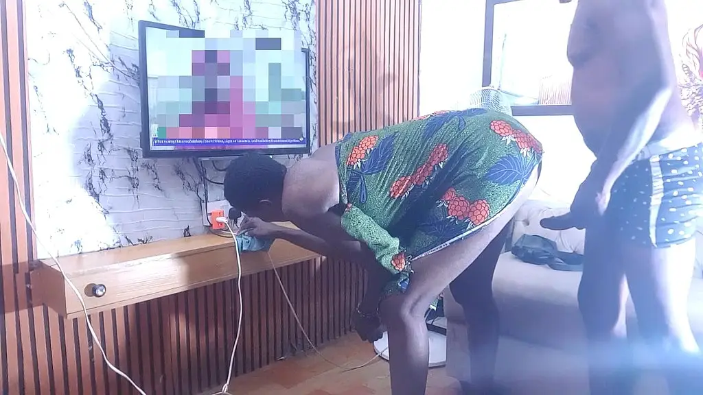 beautiful tall step sister cleaning the house... while my big dick is standing behind...can t resist the swollen wide shave pussy ...wet ... gave her doggy...bang her black african slutty pussy