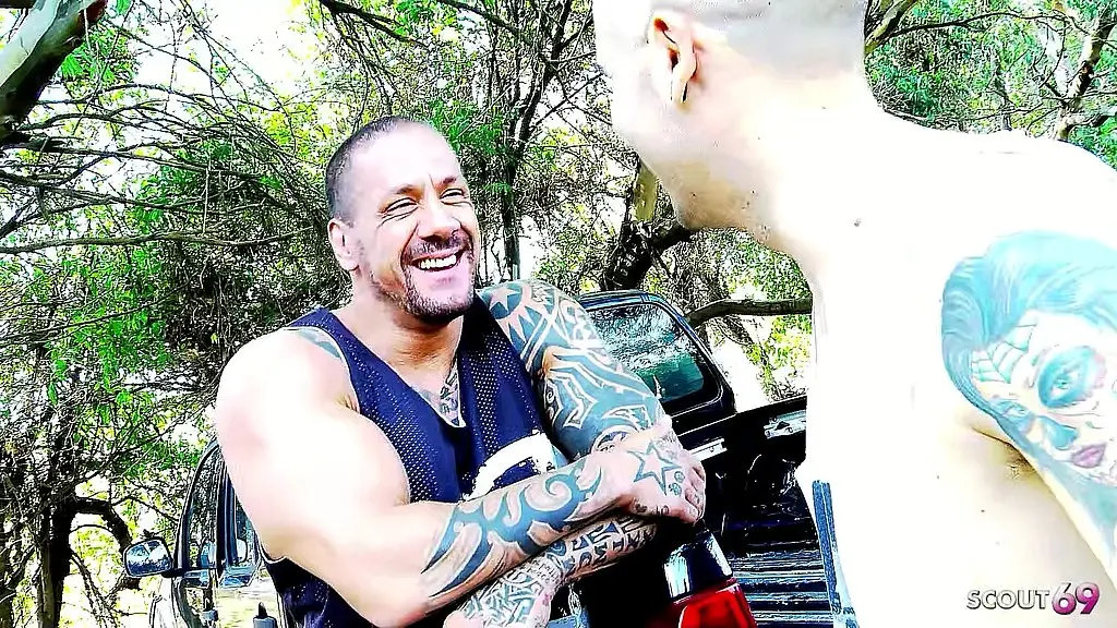 pale white skin redhead bitch pick up at beach for risky outdoor fuck by muscled guy with fat dick