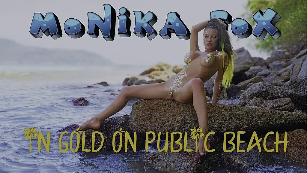 hot monika fox in gold on public beach