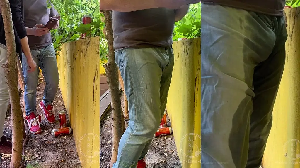 guy is desperate to pee, tries to hold it and to hide from his friend, but wets his pants