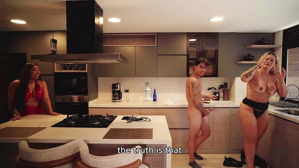 a mexican teen has a threesome with a colombian milf and her big-dicked boyfriend in her kitchen! full video