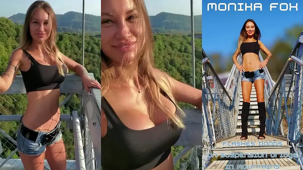 monika fox poses and flashes boobs on a suspension bridge in the mountains