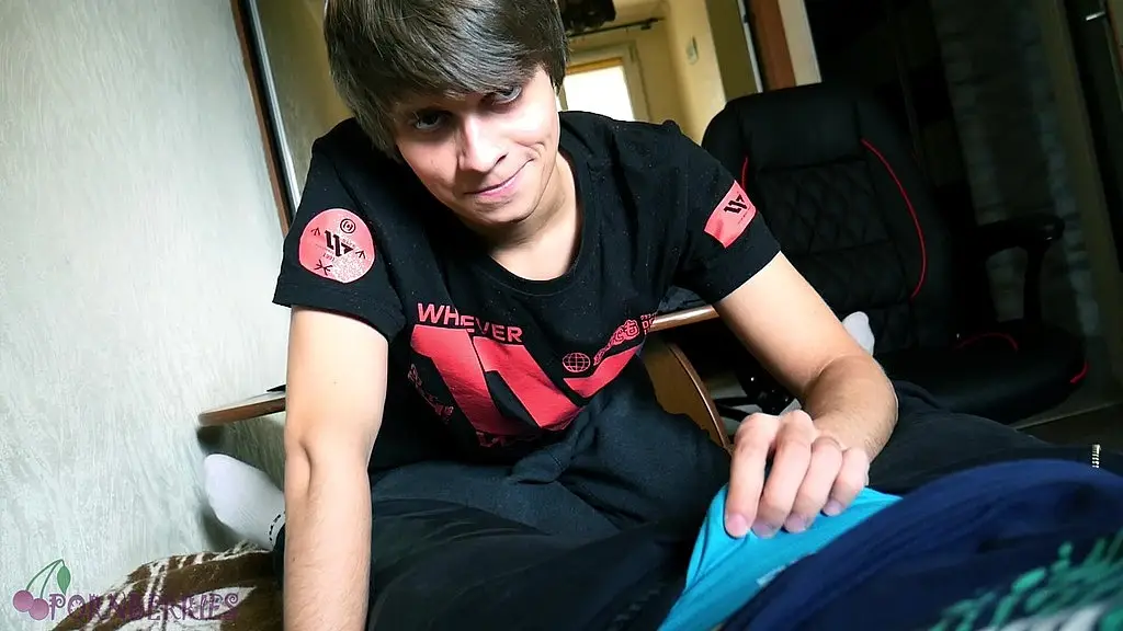 cute twink sucks dick of his friend, using a strawberry sauce