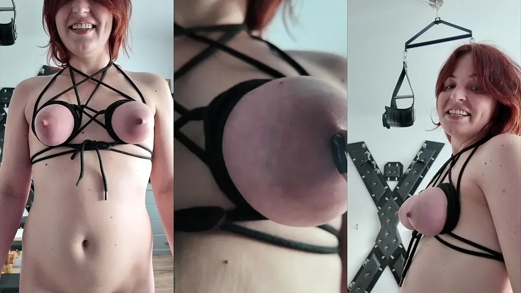 tits bondage, nipple clamps pulling, crop spanking