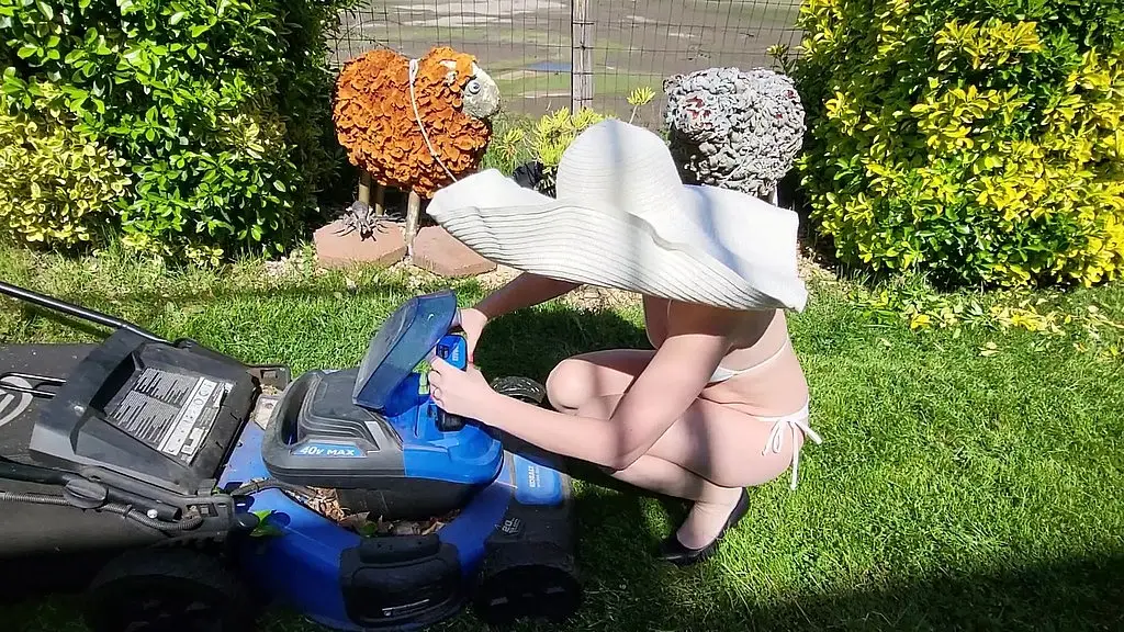 naked housewife mows the lawn on your property