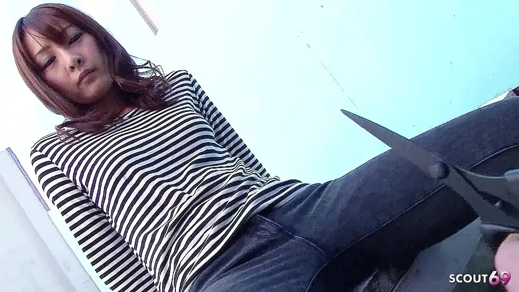skinny japanese teen in crotchless tight jeans give cfnm blowjob and let him cum in her mouth