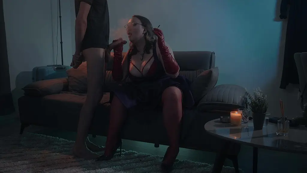 spitting blowjob smoking milf - dominant bitch in glasses & leather gloves edges & bites cock