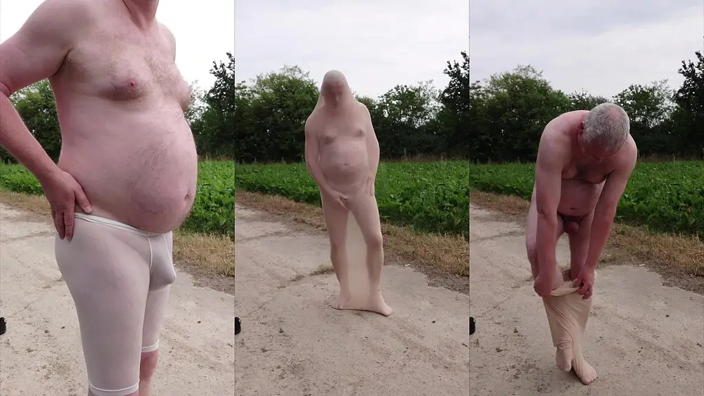 exhibitionist mit sexy nylonfetisch auf einsamen feldweg