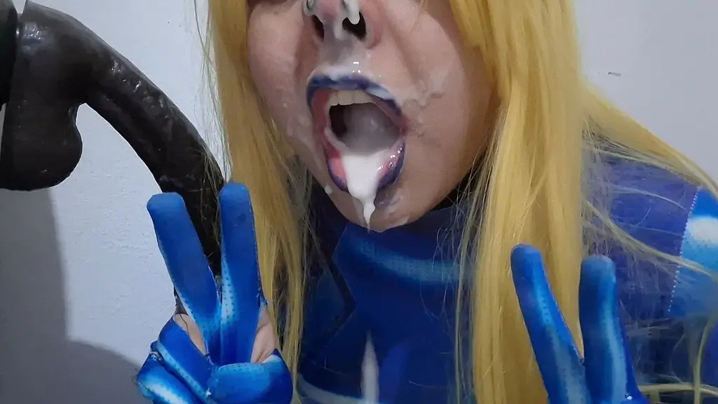 full version: cute trans samus with bdsm nosehook giving a sloppy blowjob to bbc dildo, deepthroat, facial fuck and eating semen