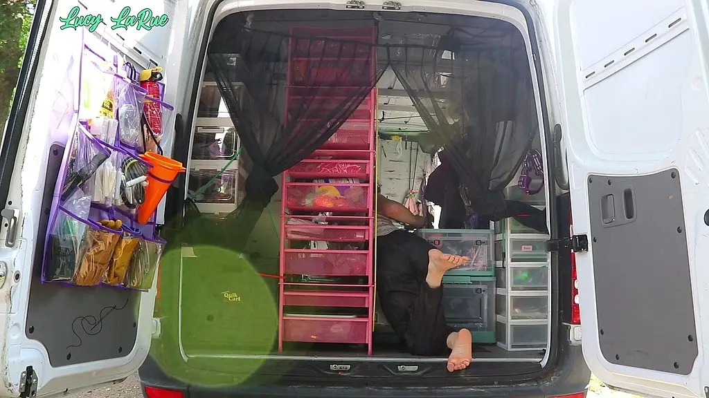 vanlifer stuck in windbreaker pants barefoot
