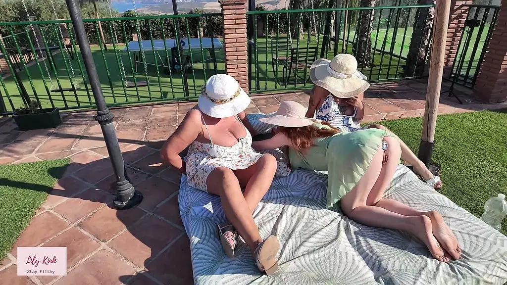 upskirt flashing surprise leads to lesbian sex toy play by the pool