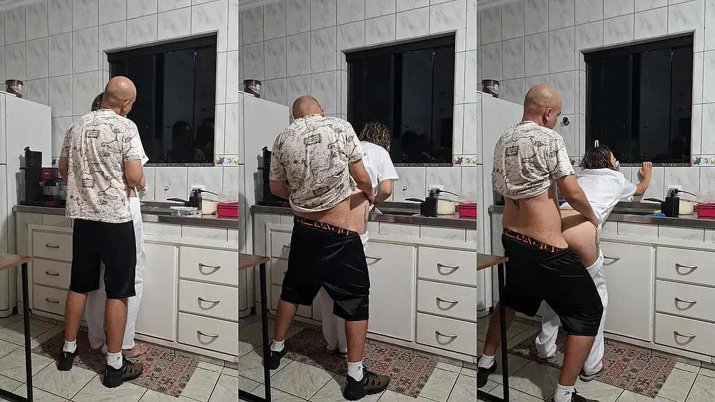 the maid got fucked in the ass in the kitchen while washing the dishes.