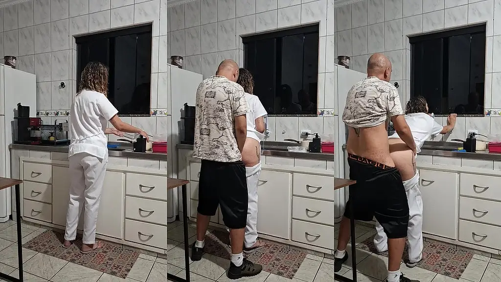 the maid got fucked in the ass in the kitchen while washing the dishes.