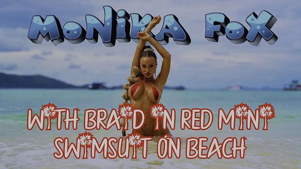 hot monika fox with braid in red mini swimsuit on beach