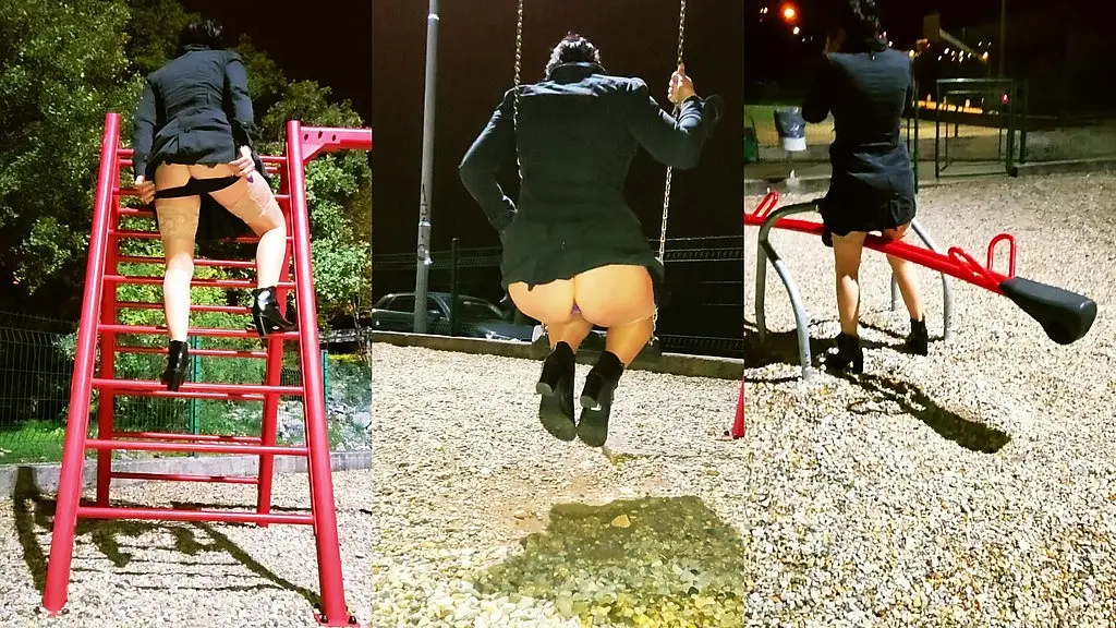 big booty hot milf is wearing a butt plug at park